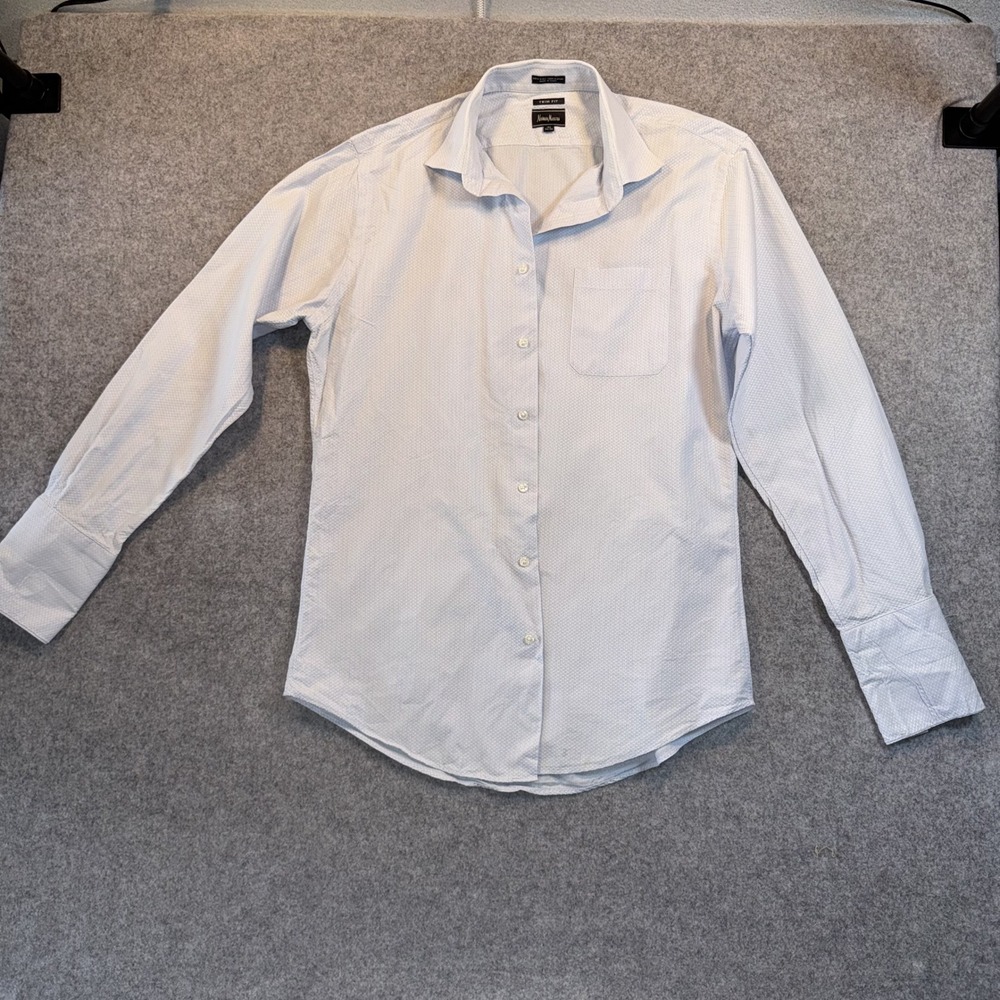 Neiman Marcus Trim Fit Dress Shirt 16.5 34/35 Blue White Geometric Cotton